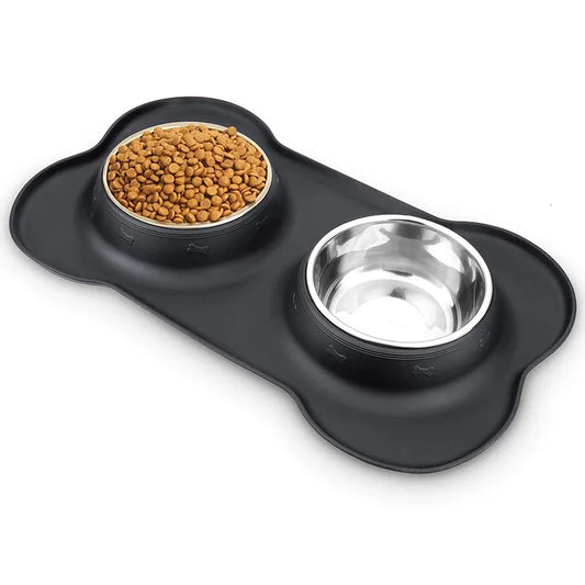 Antislip Double Stainless Steel Dog Bowl With Silicone Mat